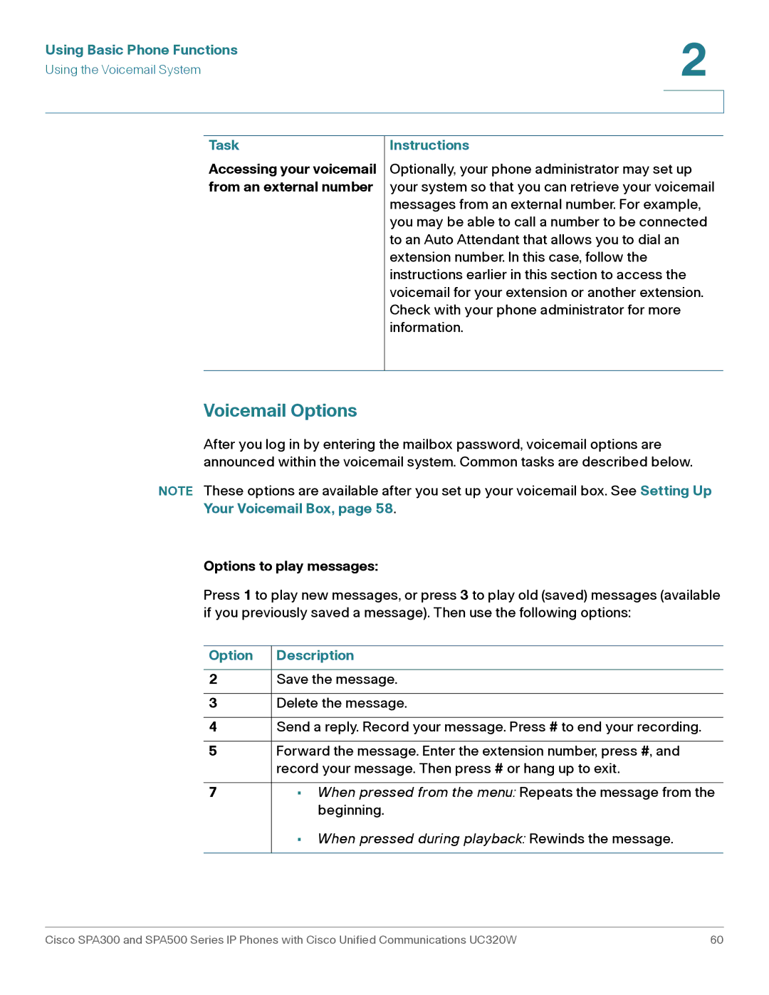 Cisco Systems SPA301, SPA303 Voicemail Options, Accessing your voicemail from an external number, Options to play messages 