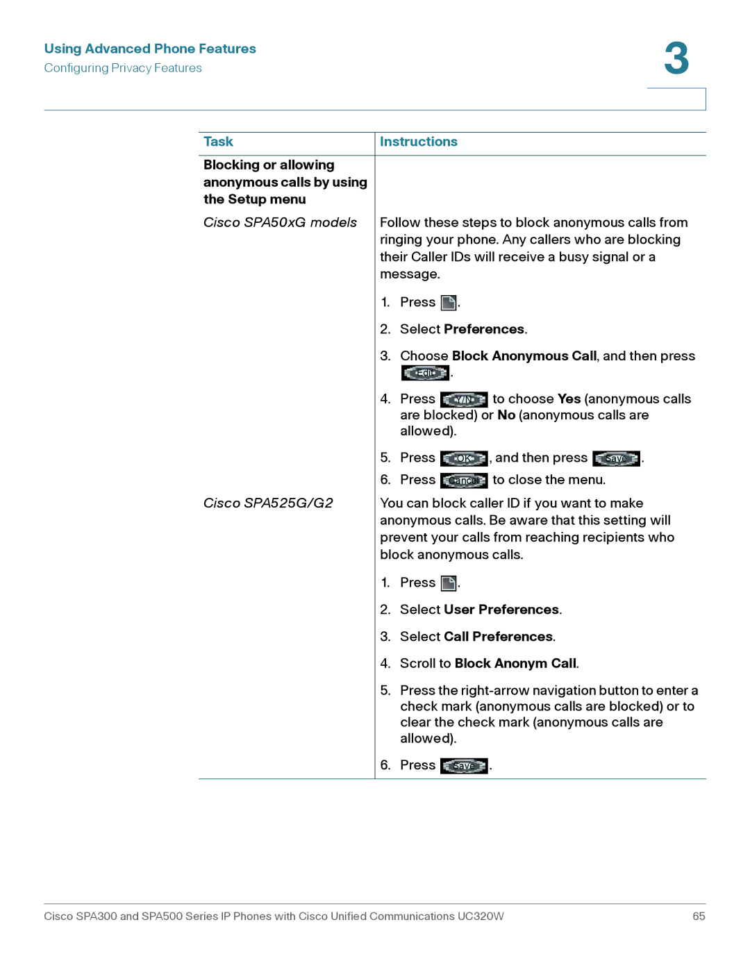 Cisco Systems SPA303, SPA301 manual Blocking or allowing Anonymous calls by using Setup menu, Scroll to Block Anonym Call 