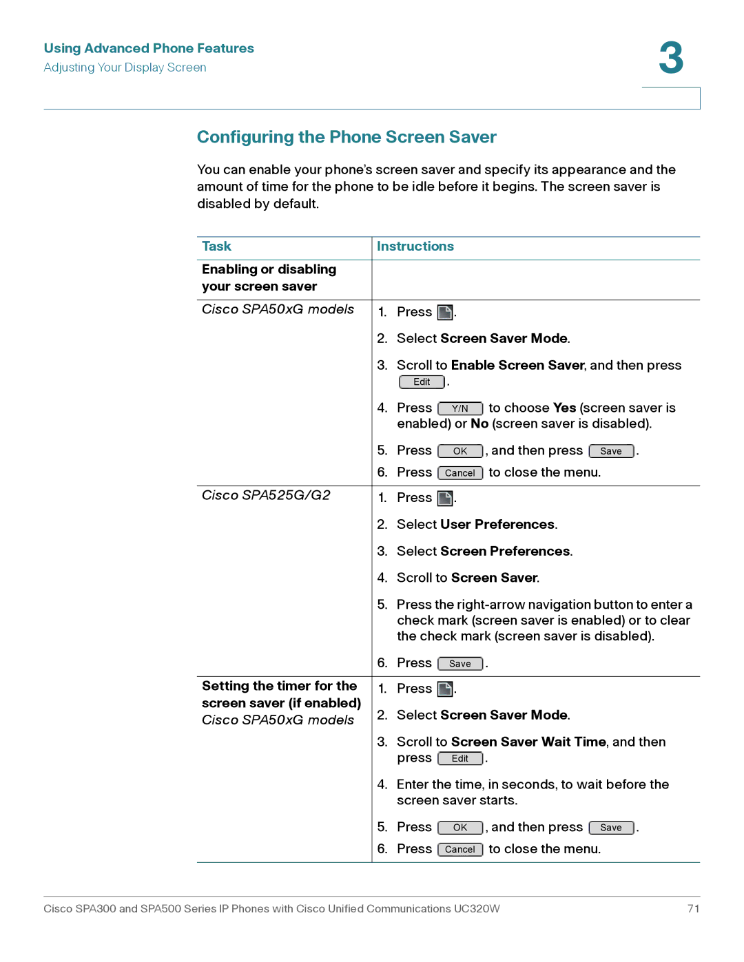 Cisco Systems SPA303, SPA301 manual Configuring the Phone Screen Saver 