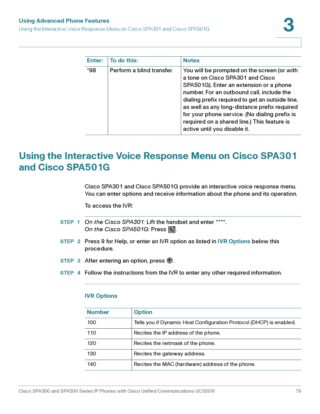 Cisco Systems SPA303, SPA301 manual On the Cisco SPA501G Press, IVR Options Number 