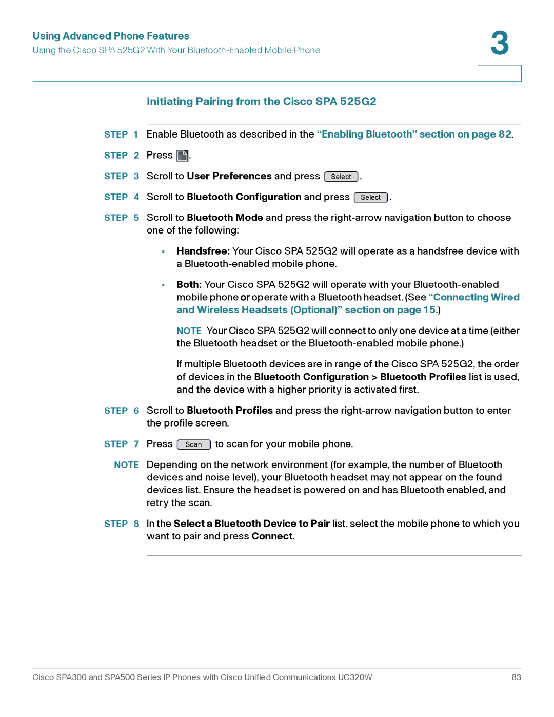 Cisco Systems SPA303, SPA301 manual Initiating Pairing from the Cisco SPA 525G2, Wireless Headsets Optional section on 