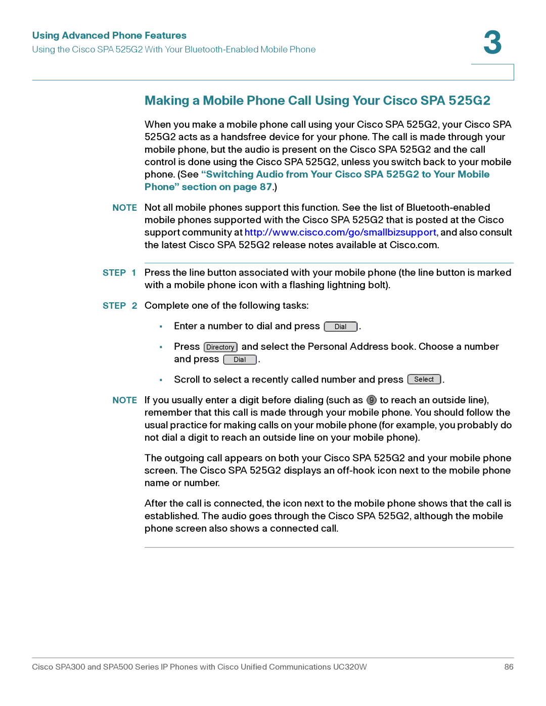 Cisco Systems SPA301, SPA303 manual Making a Mobile Phone Call Using Your Cisco SPA 525G2 