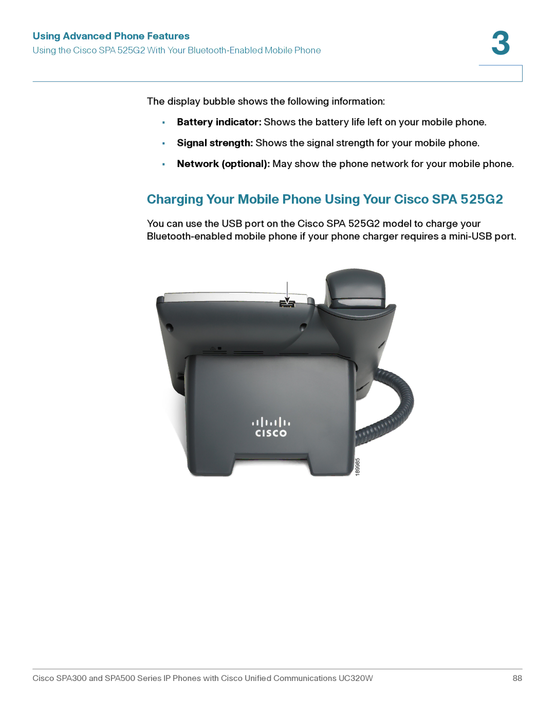 Cisco Systems SPA301, SPA303 manual Charging Your Mobile Phone Using Your Cisco SPA 525G2 