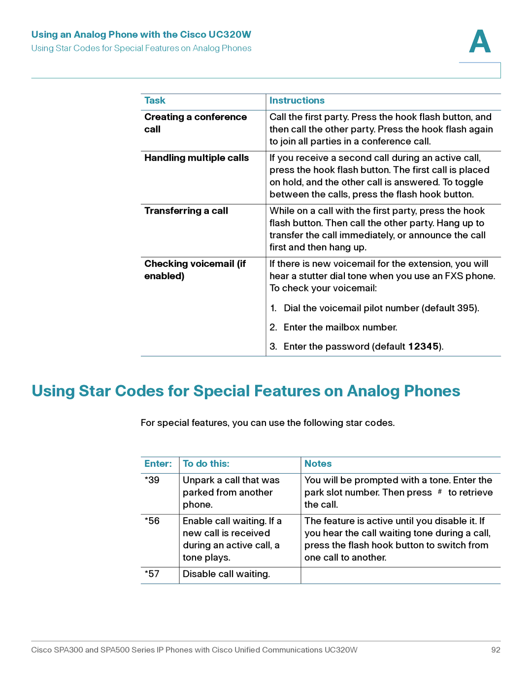 Cisco Systems SPA301 Using Star Codes for Special Features on Analog Phones, Using an Analog Phone with the Cisco UC320W 