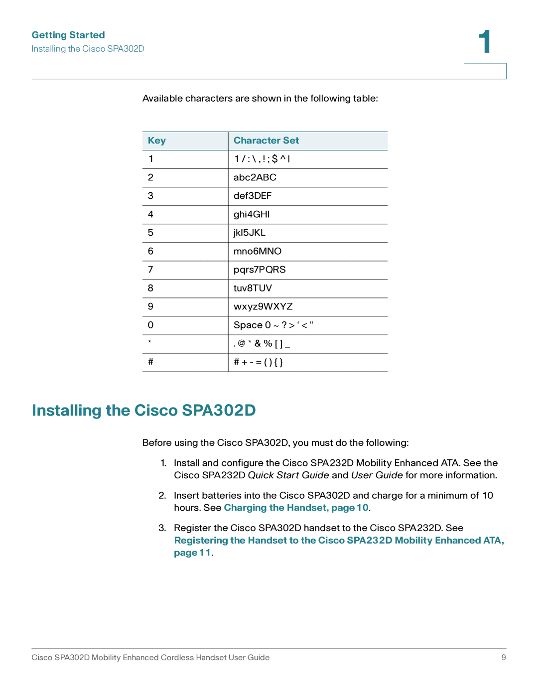 Cisco Systems manual Installing the Cisco SPA302D, Key Character Set 