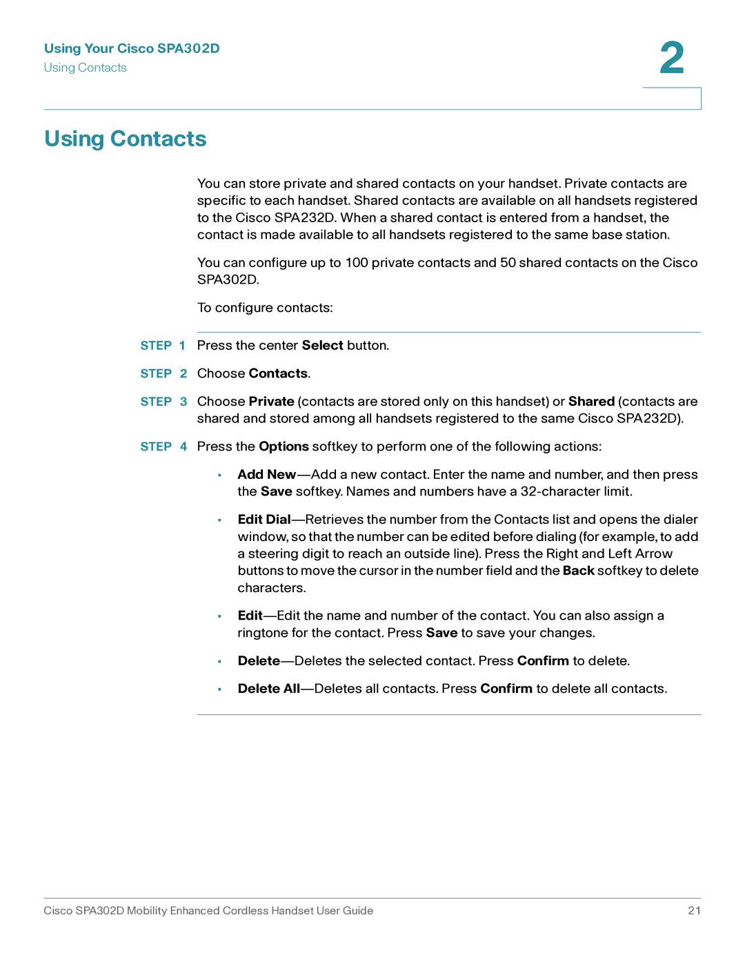 Cisco Systems SPA302D manual Using Contacts 