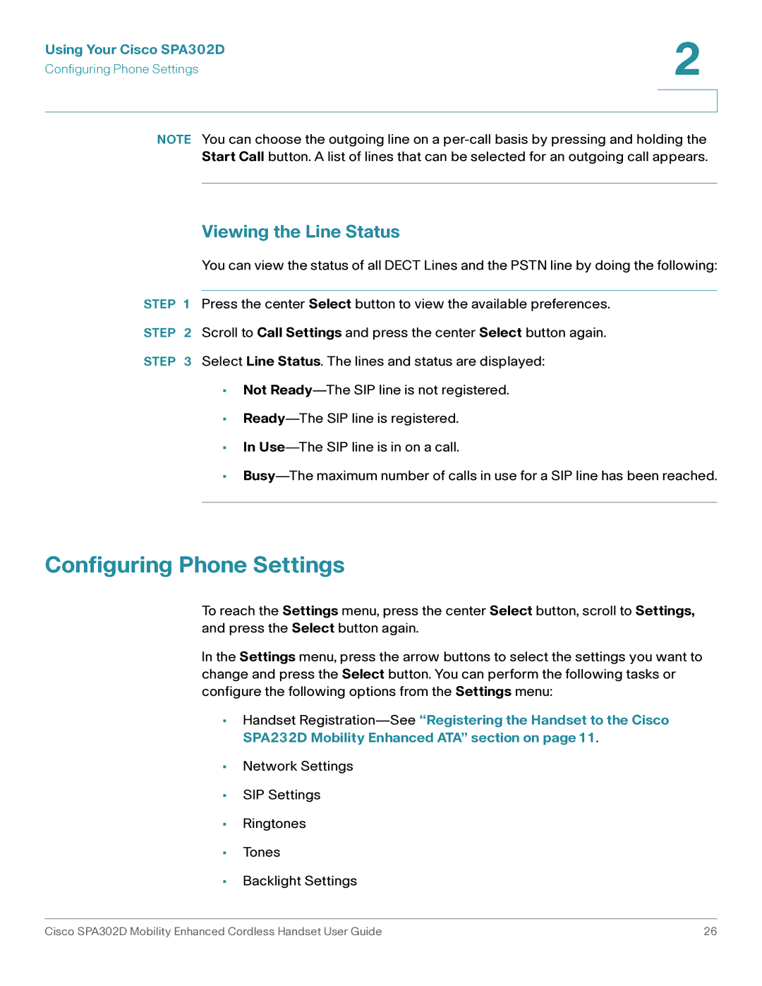 Cisco Systems SPA302D manual Configuring Phone Settings, Viewing the Line Status 