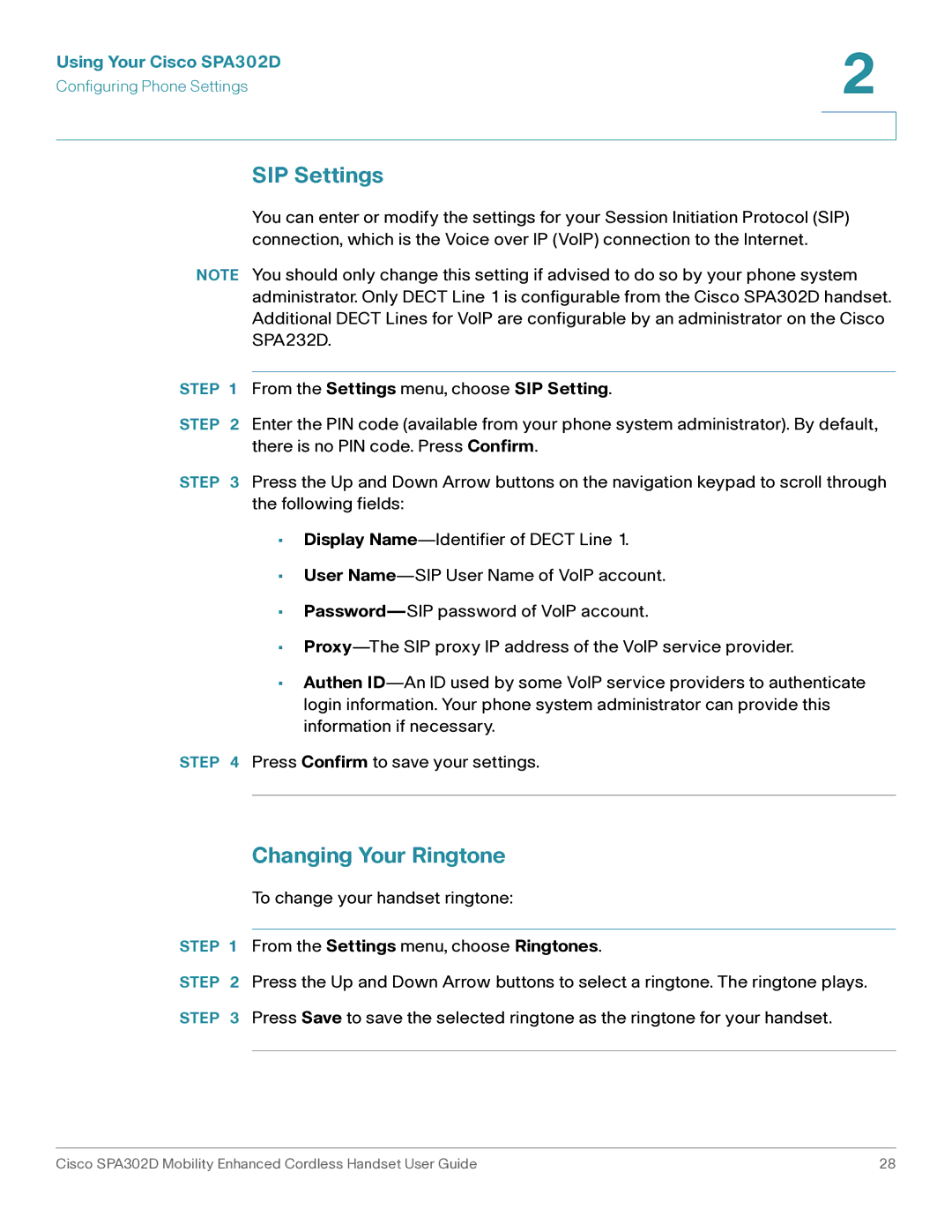 Cisco Systems SPA302D manual SIP Settings, Changing Your Ringtone 