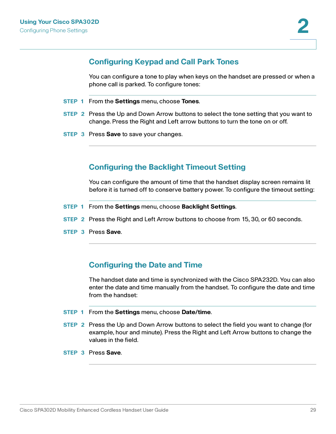 Cisco Systems SPA302D manual Configuring Keypad and Call Park Tones, Configuring the Backlight Timeout Setting 