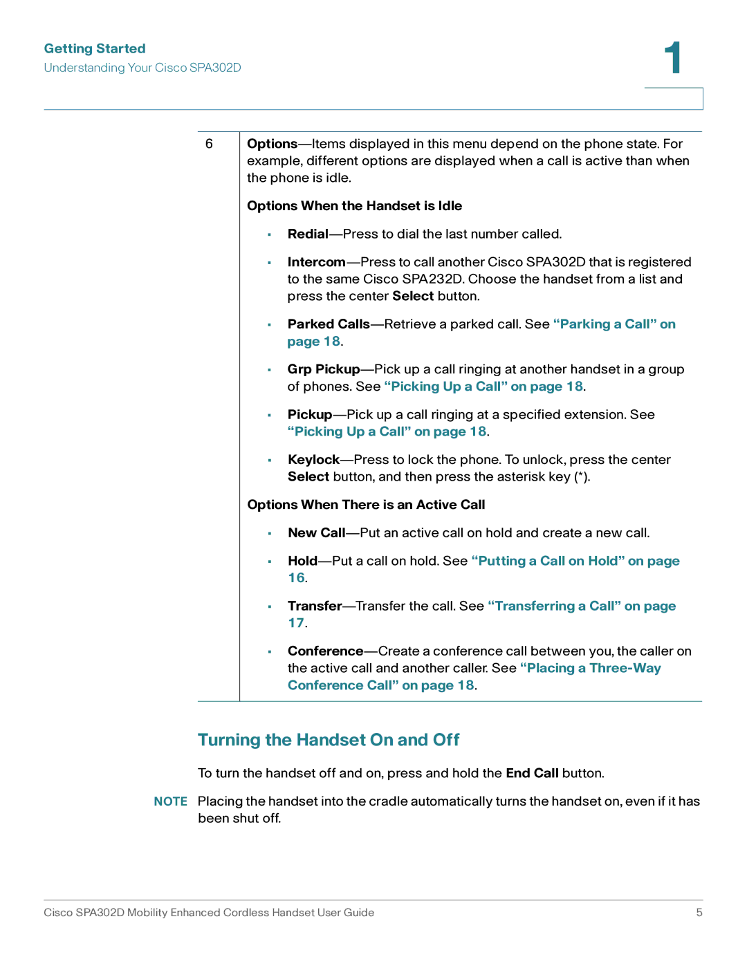 Cisco Systems SPA302D manual Turning the Handset On and Off, Options When the Handset is Idle 