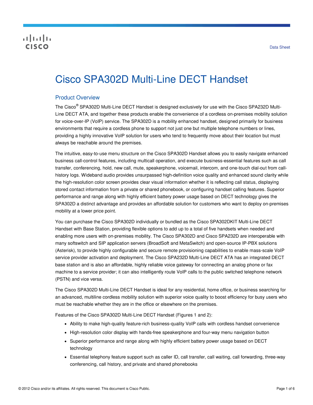 Cisco Systems SPA302DKITG1 manual Cisco SPA302D Multi-Line Dect Handset, Product Overview 