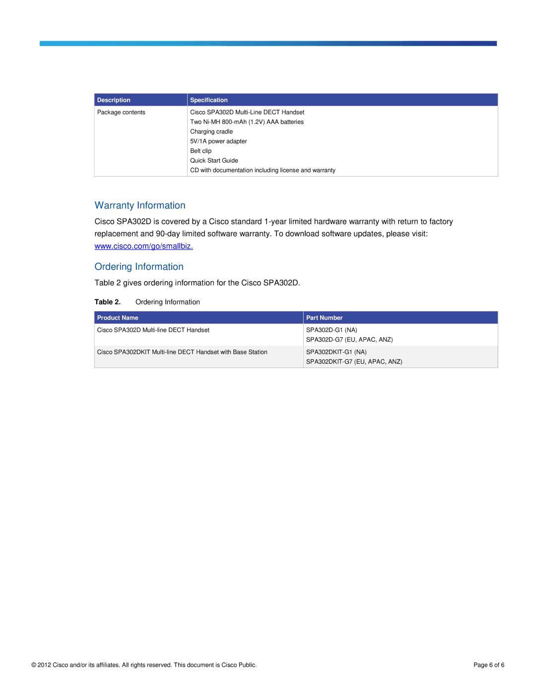 Cisco Systems SPA302DKITG1 manual Warranty Information Ordering Information, Product Name Part Number 