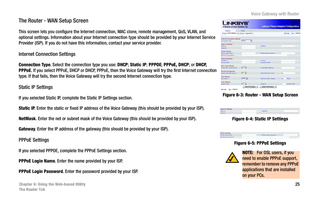 Cisco Systems SPA3102 manual Internet Connection Settings, Static IP Settings, PPPoE Settings 