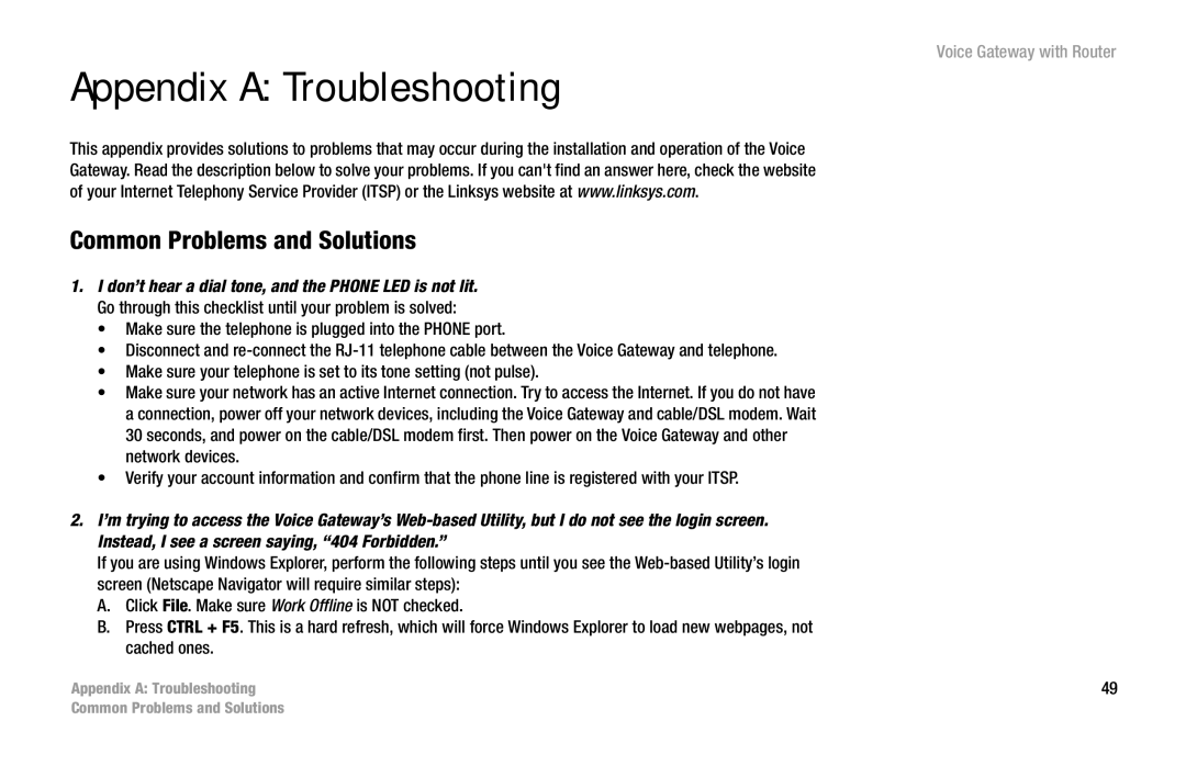 Cisco Systems SPA3102 manual Appendix a Troubleshooting, Common Problems and Solutions 