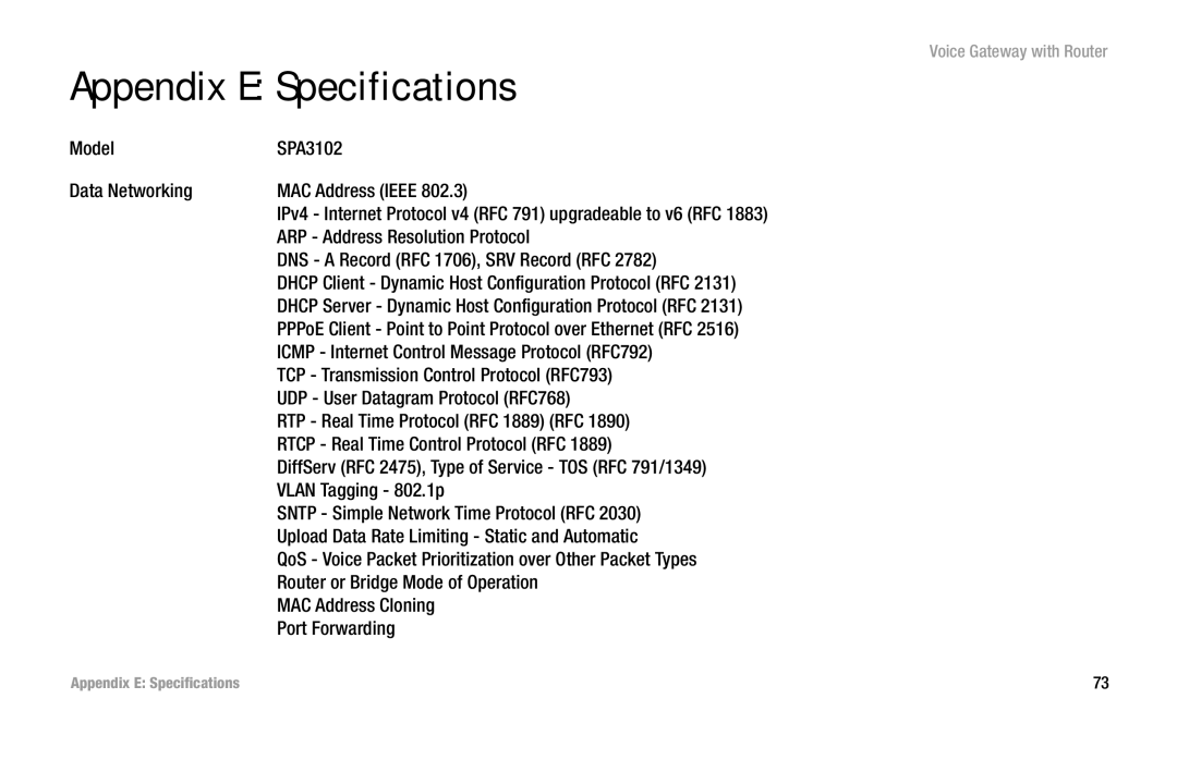 Cisco Systems SPA3102 manual Appendix E Specifications 