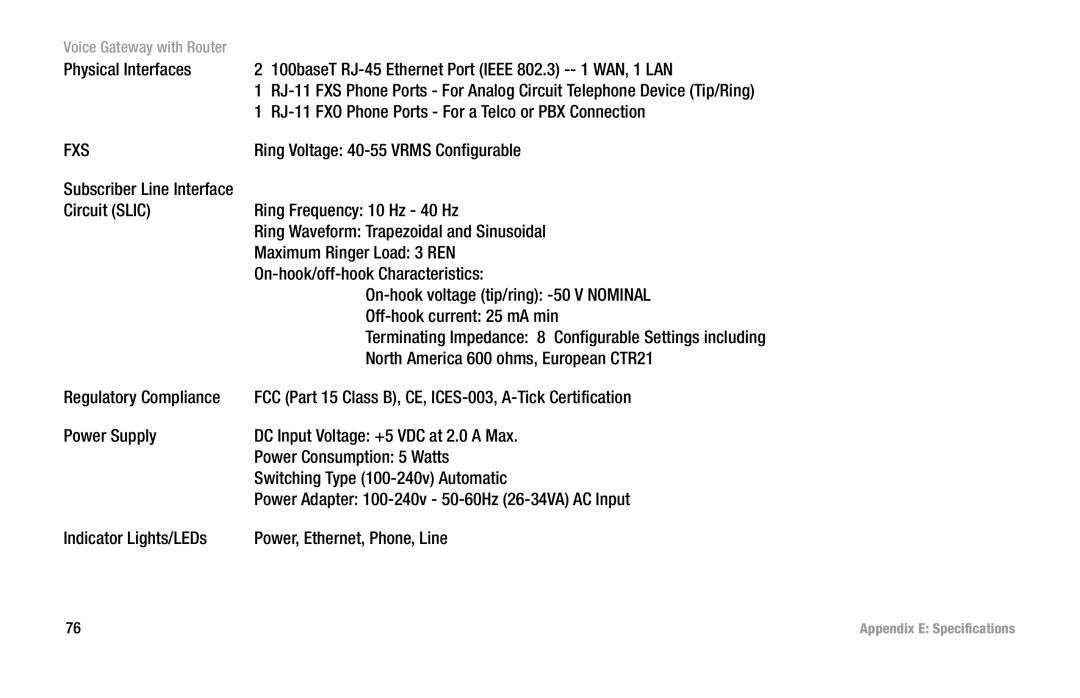 Cisco Systems SPA3102 manual RJ-11 FXO Phone Ports For a Telco or PBX Connection, Ring Voltage 40-55 Vrms Configurable 