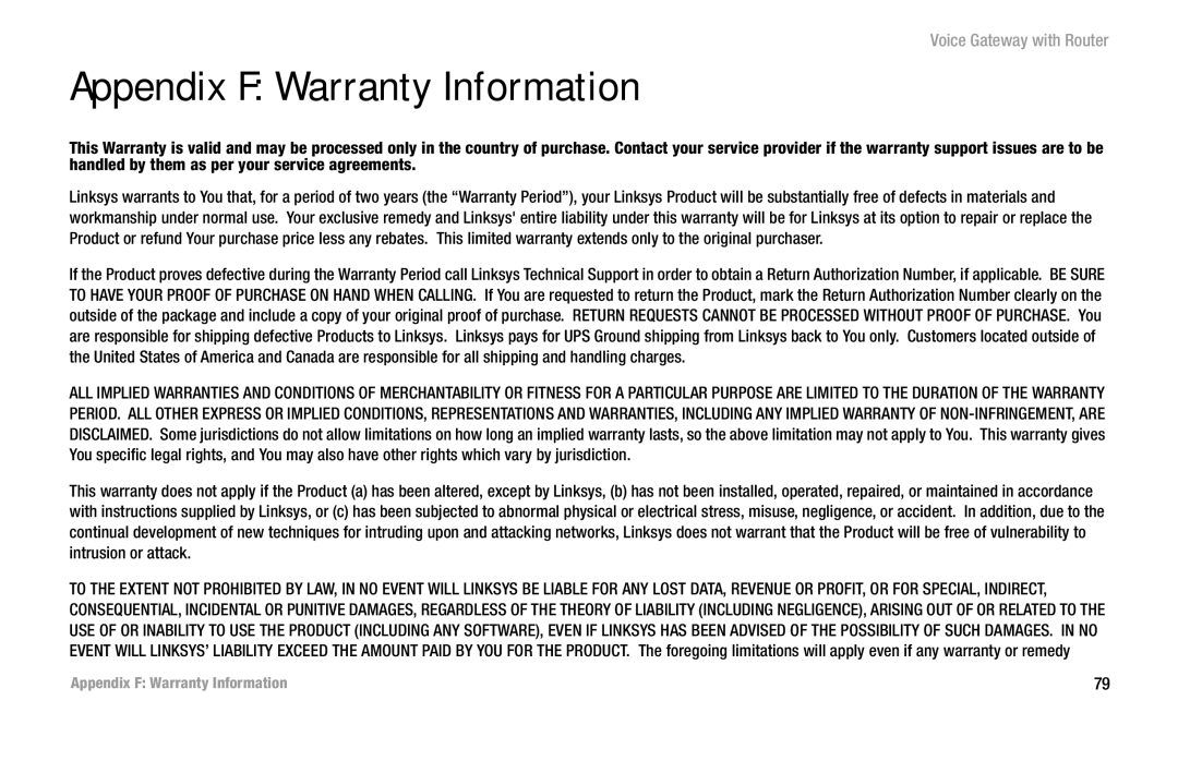 Cisco Systems SPA3102 manual Appendix F Warranty Information 