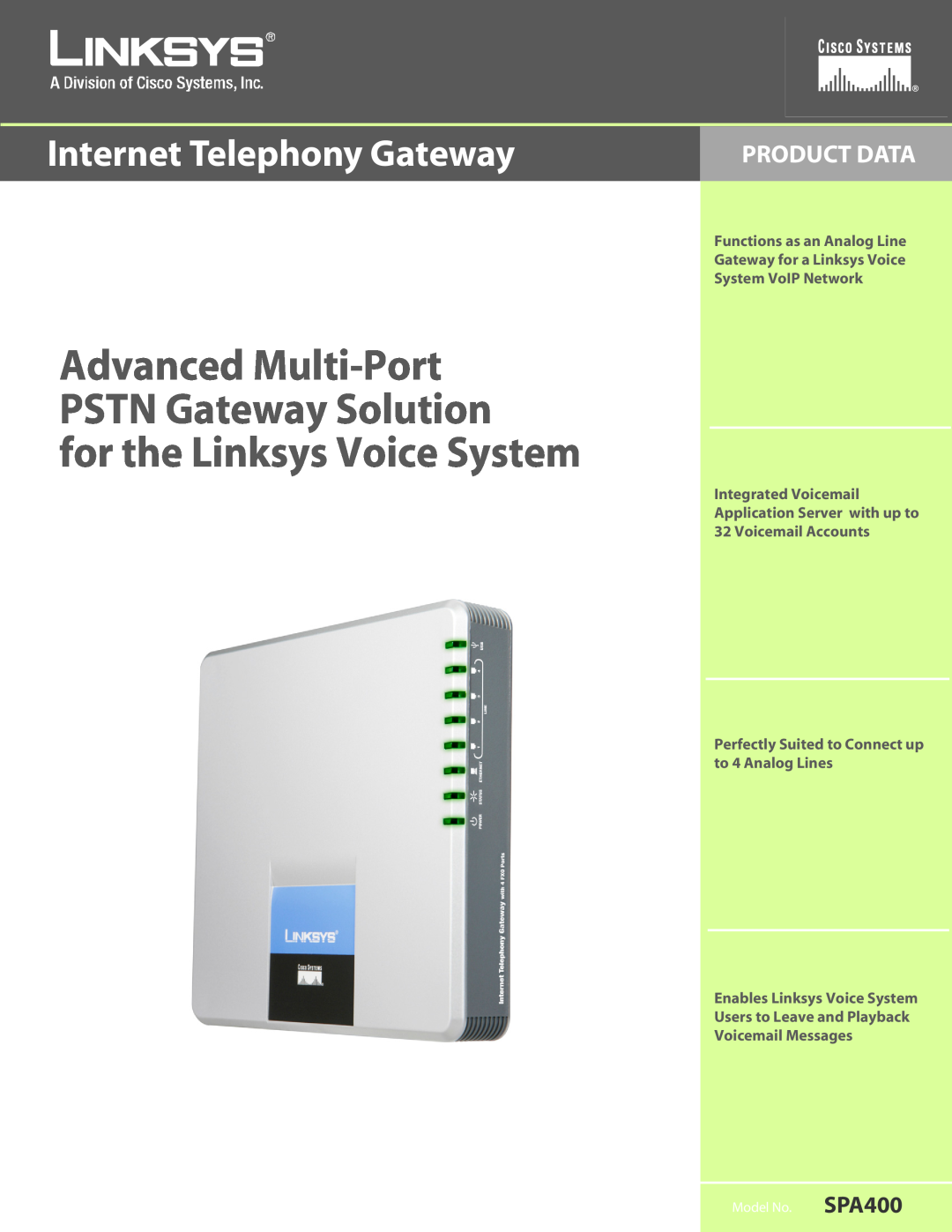 Cisco Systems 60606NC LH manual Product Data, Internet Telephony Gateway, Perfectly Suited to Connect up to 4 Analog Lines 