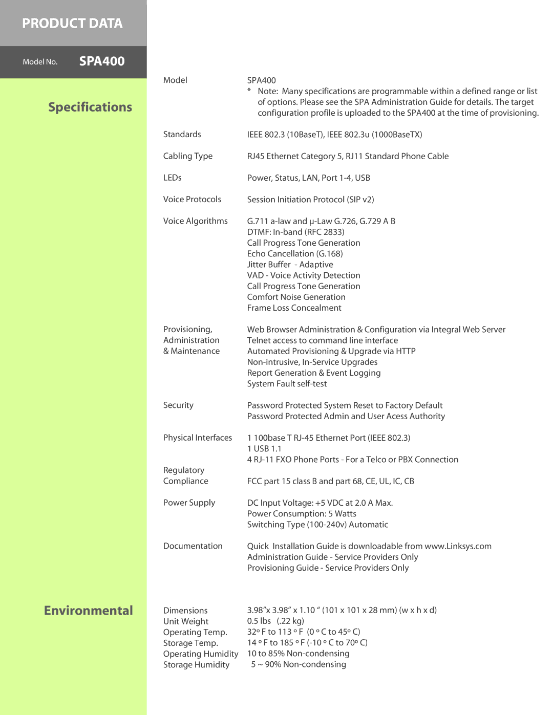 Cisco Systems 60606NC LH, SPA400 manual Specifications, Environmental 