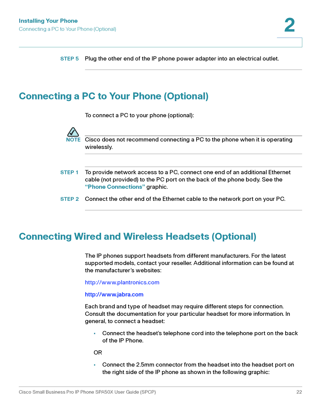 Cisco Systems SPA50X manual Connecting a PC to Your Phone Optional, Connecting Wired and Wireless Headsets Optional 