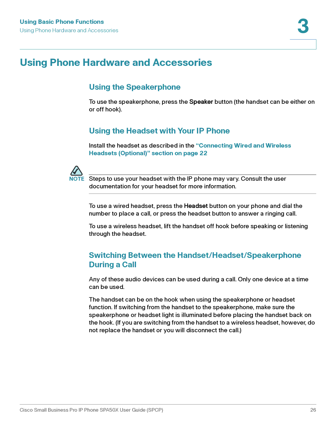 Cisco Systems SPA50X Using Phone Hardware and Accessories, Using the Speakerphone, Using the Headset with Your IP Phone 