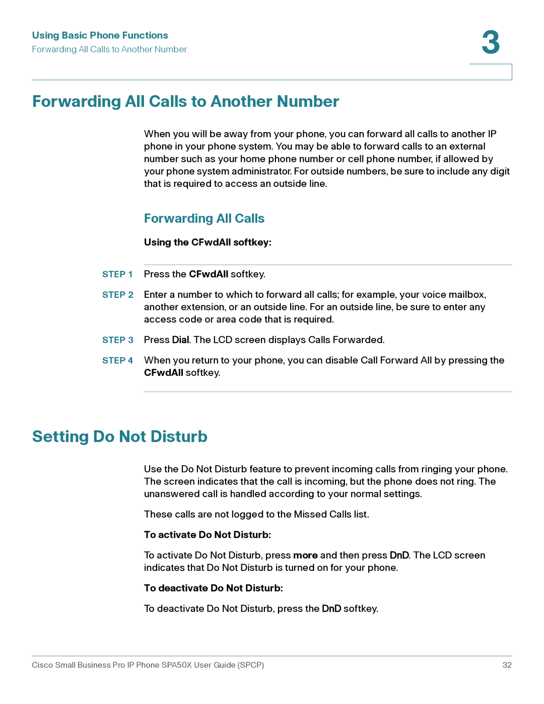 Cisco Systems SPA50X manual Forwarding All Calls to Another Number, Setting Do Not Disturb 