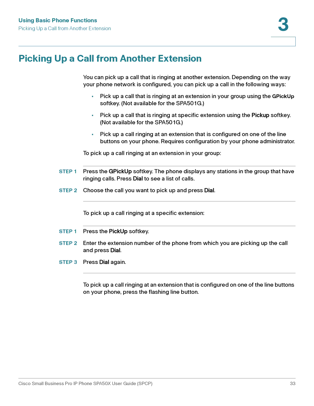 Cisco Systems SPA50X manual Picking Up a Call from Another Extension 