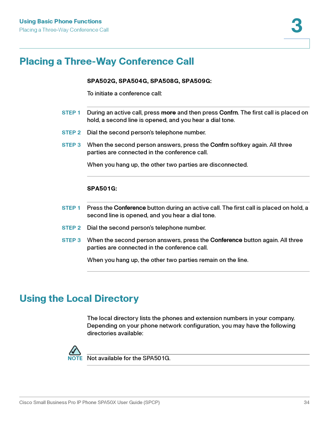 Cisco Systems SPA50X manual Placing a Three-Way Conference Call, Using the Local Directory 