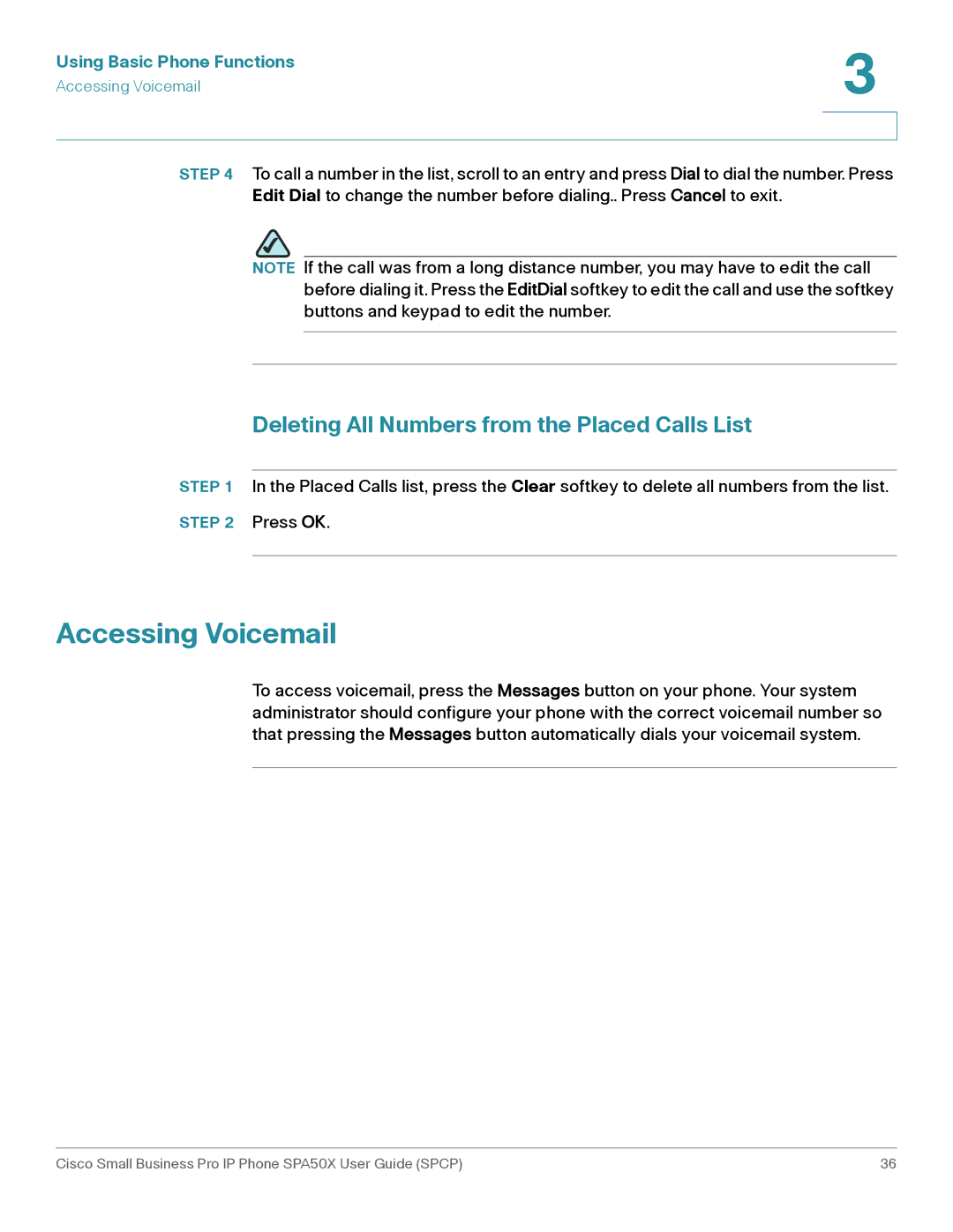 Cisco Systems SPA50X manual Accessing Voicemail, Deleting All Numbers from the Placed Calls List 