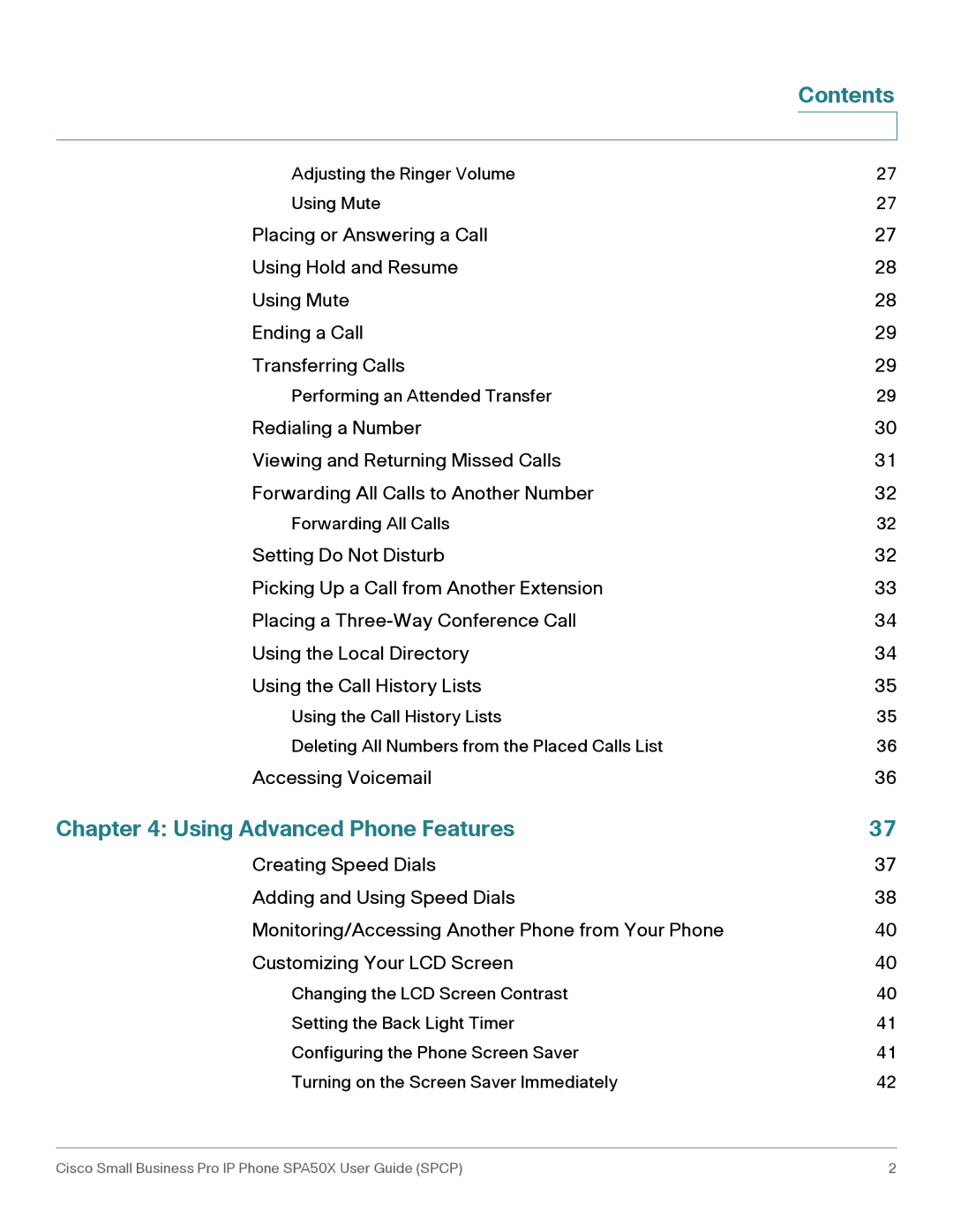 Cisco Systems SPA50X manual Contents, Using Advanced Phone Features 