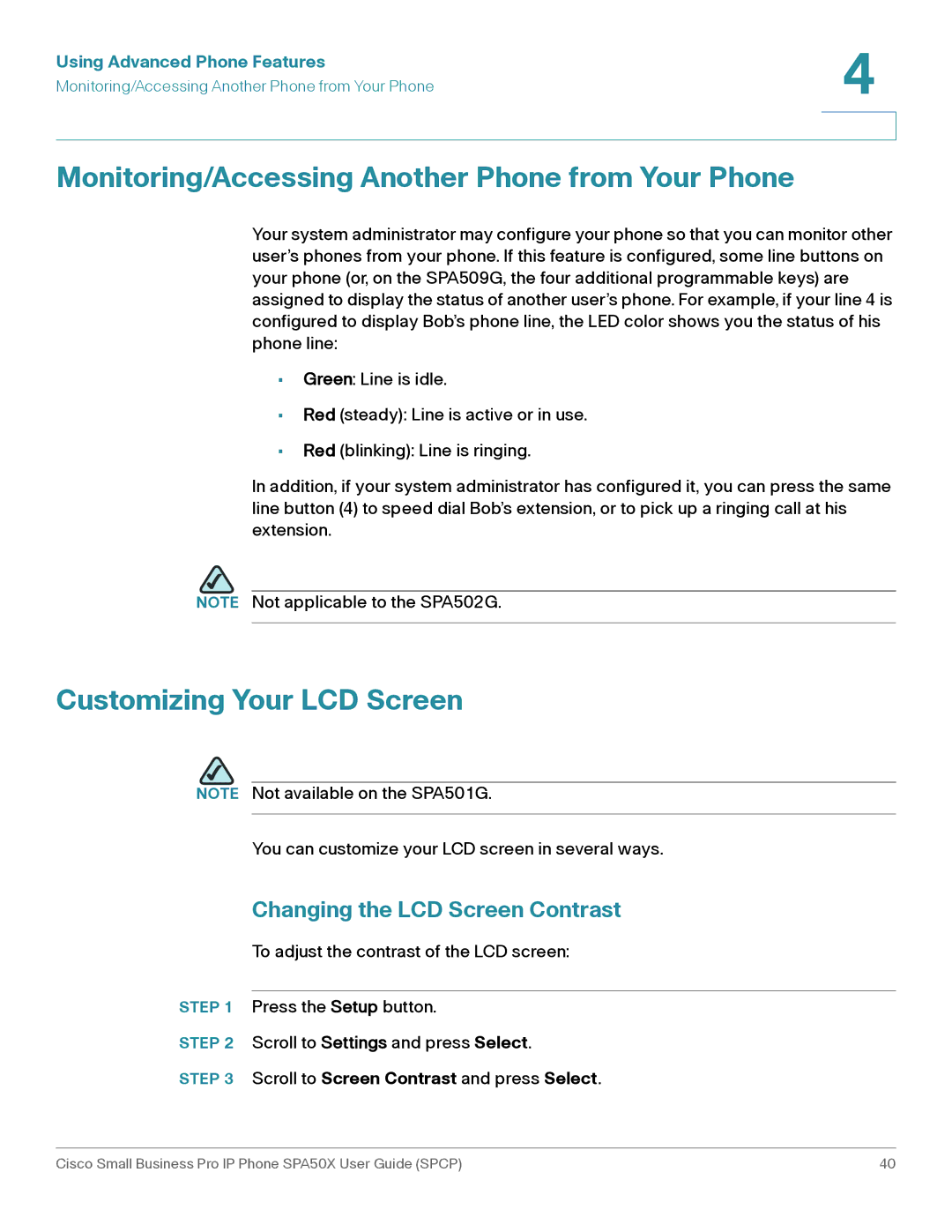 Cisco Systems SPA50X manual Monitoring/Accessing Another Phone from Your Phone, Customizing Your LCD Screen 