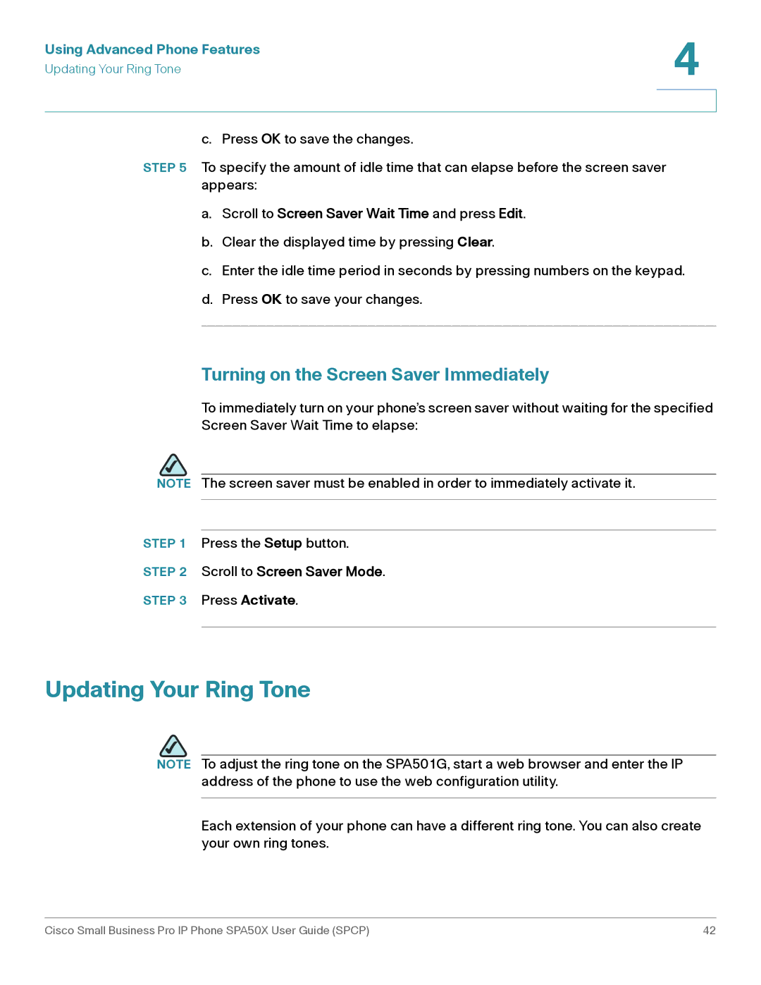 Cisco Systems SPA50X manual Updating Your Ring Tone, Turning on the Screen Saver Immediately 