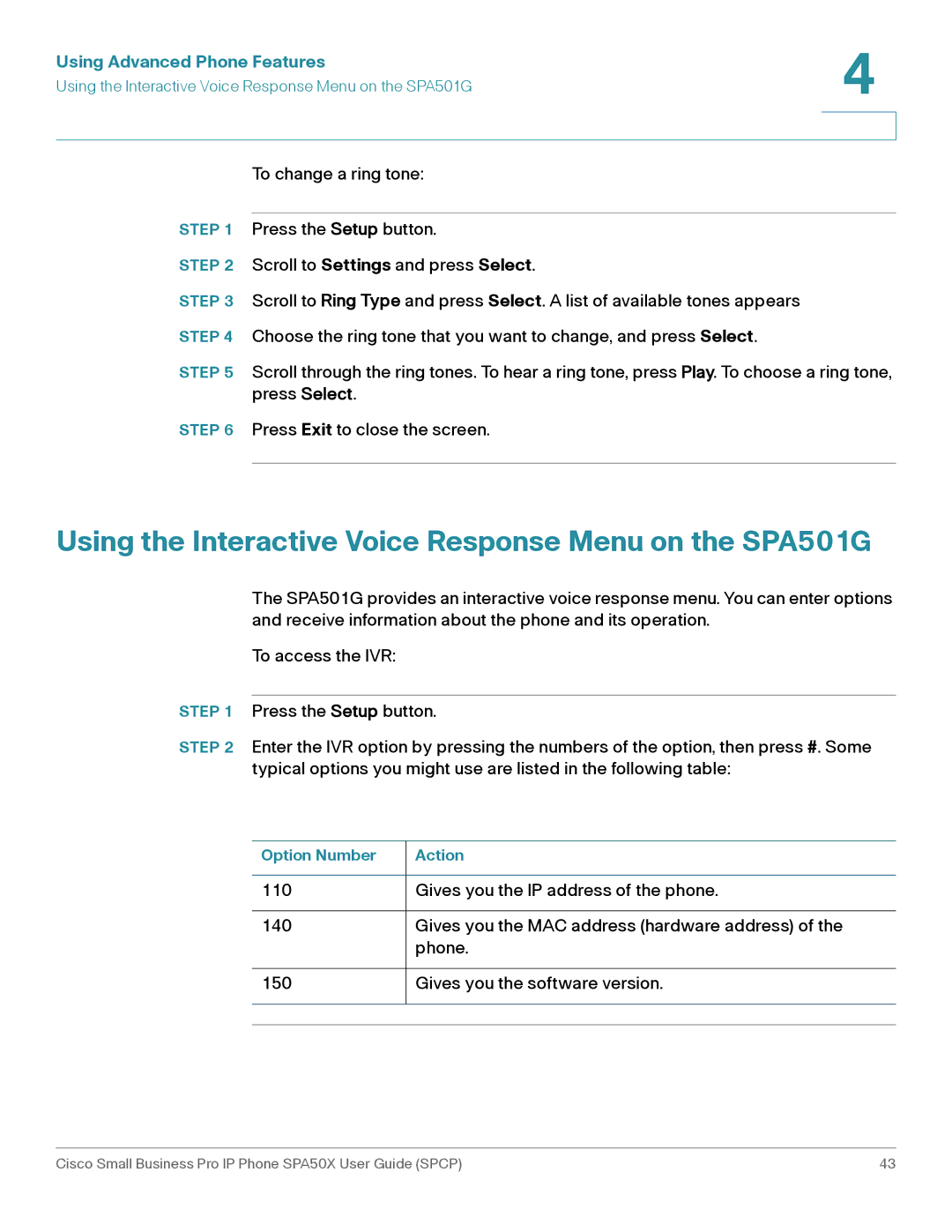 Cisco Systems SPA50X manual Using the Interactive Voice Response Menu on the SPA501G 