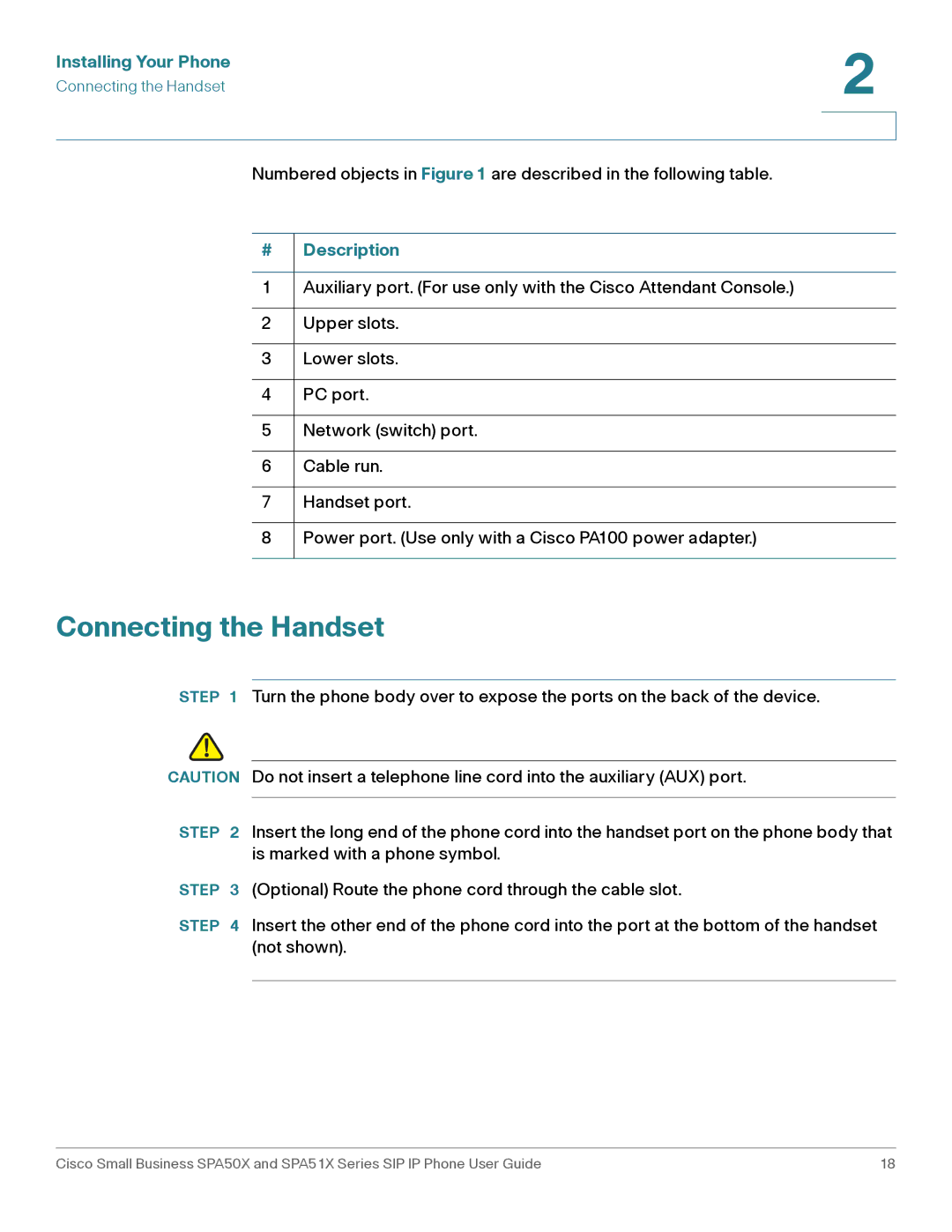 Cisco Systems SPA502G, SPA514G, SPA512G, SPA504G, SPA509G, SPA501G, SPA508G manual Connecting the Handset 