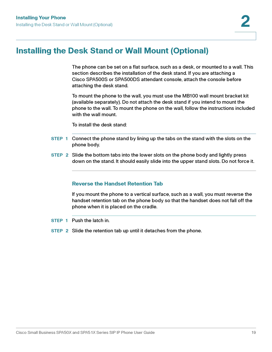 Cisco Systems SPA501G, SPA514G, SPA512G Installing the Desk Stand or Wall Mount Optional, Reverse the Handset Retention Tab 