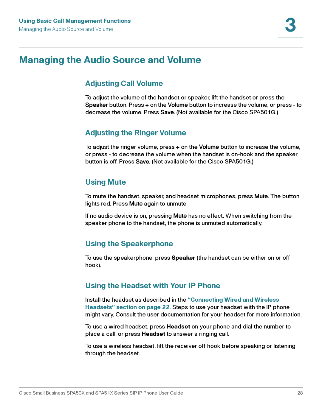 Cisco Systems SPA514G, SPA512G, SPA504G, SPA509G, SPA502G, SPA501G, SPA508G manual Managing the Audio Source and Volume 