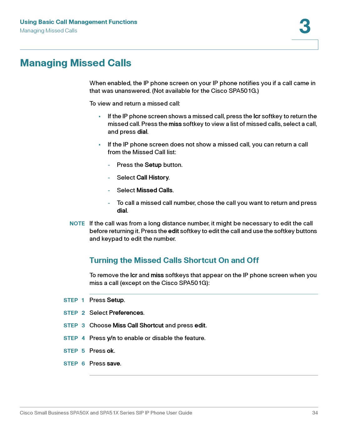 Cisco Systems SPA508G, SPA514G, SPA512G, SPA504G, SPA509G Managing Missed Calls, Turning the Missed Calls Shortcut On and Off 