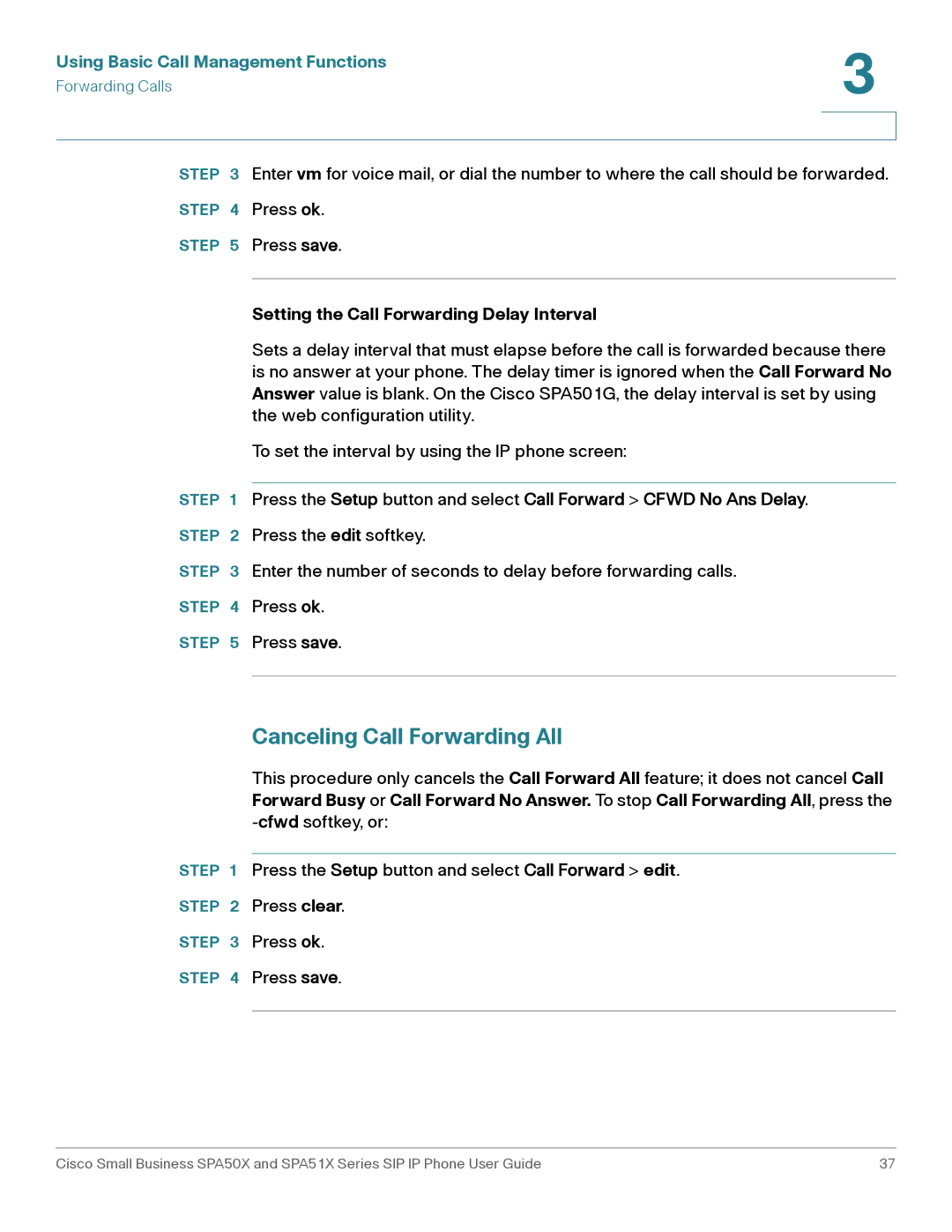 Cisco Systems SPA504G, SPA514G, SPA512G, SPA509G Canceling Call Forwarding All, Setting the Call Forwarding Delay Interval 