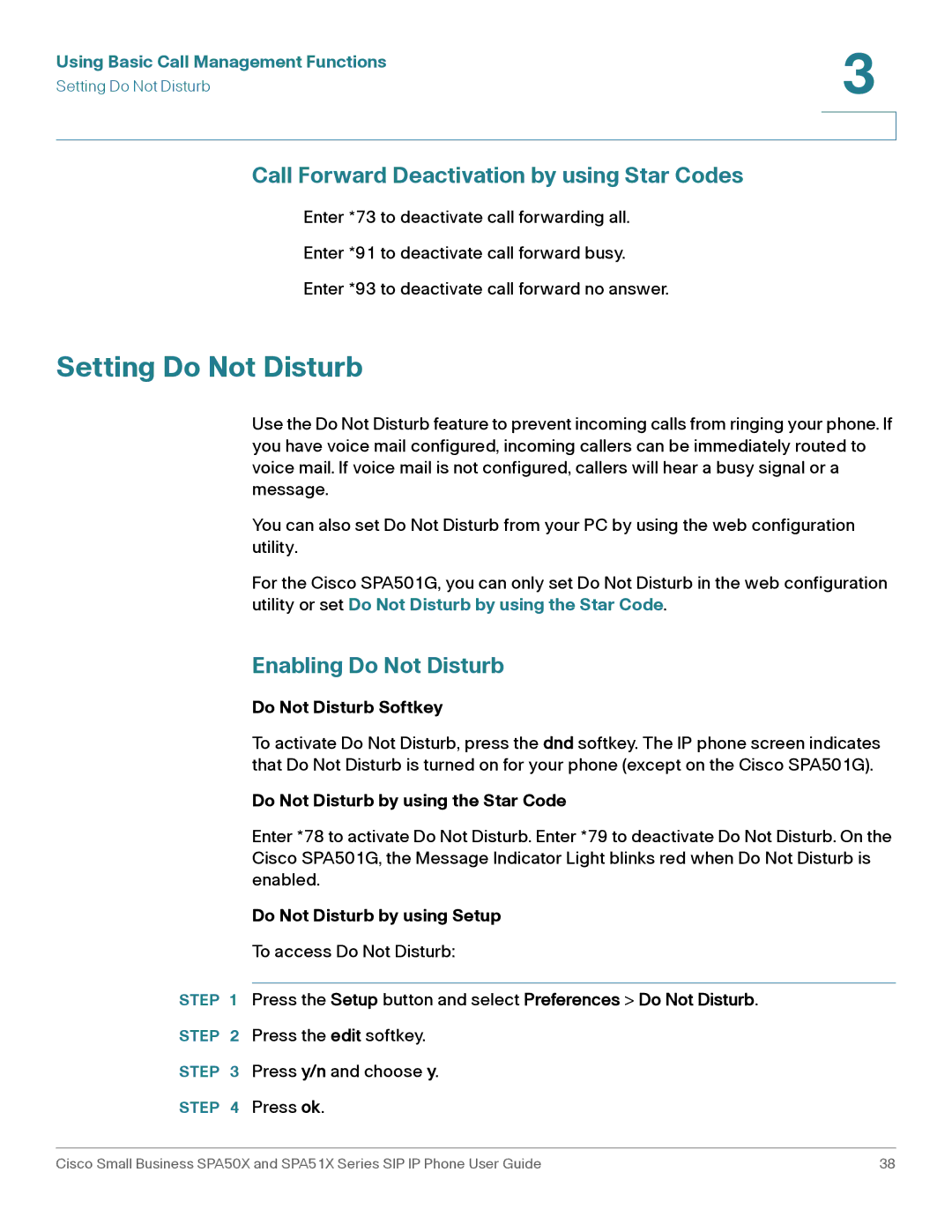 Cisco Systems SPA509G manual Setting Do Not Disturb, Call Forward Deactivation by using Star Codes, Enabling Do Not Disturb 