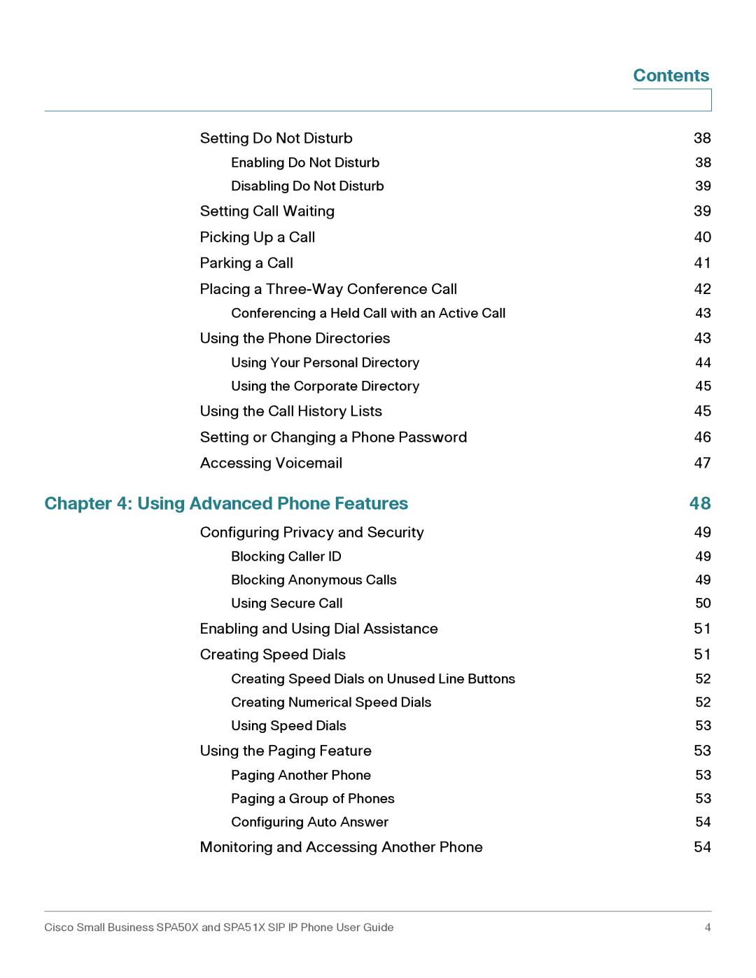 Cisco Systems SPA502G, SPA514G, SPA512G, SPA504G, SPA509G, SPA501G, SPA508G manual Contents, Using Advanced Phone Features 