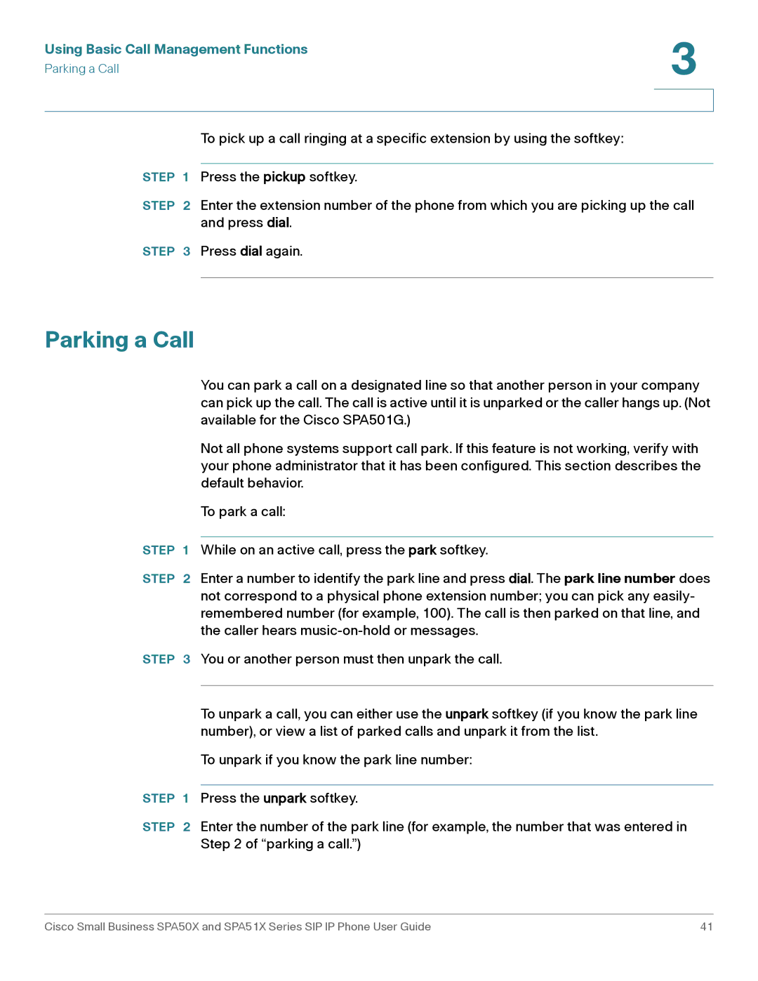 Cisco Systems SPA508G, SPA514G, SPA512G, SPA504G, SPA509G, SPA502G, SPA501G manual Parking a Call 