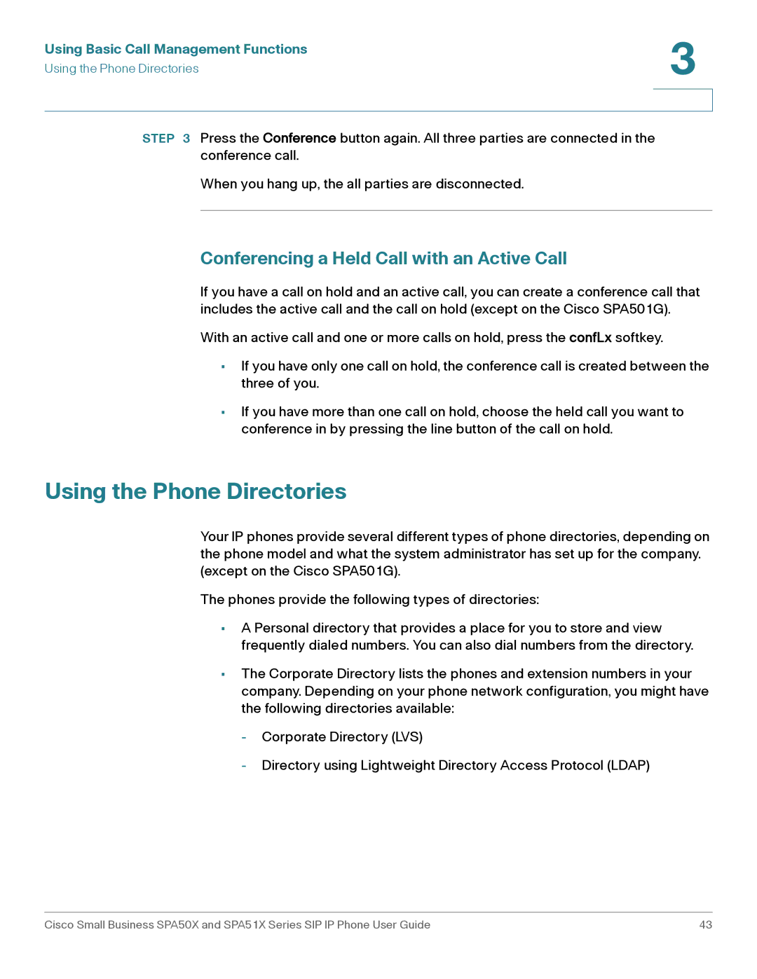 Cisco Systems SPA512G, SPA514G, SPA504G, SPA509G Using the Phone Directories, Conferencing a Held Call with an Active Call 