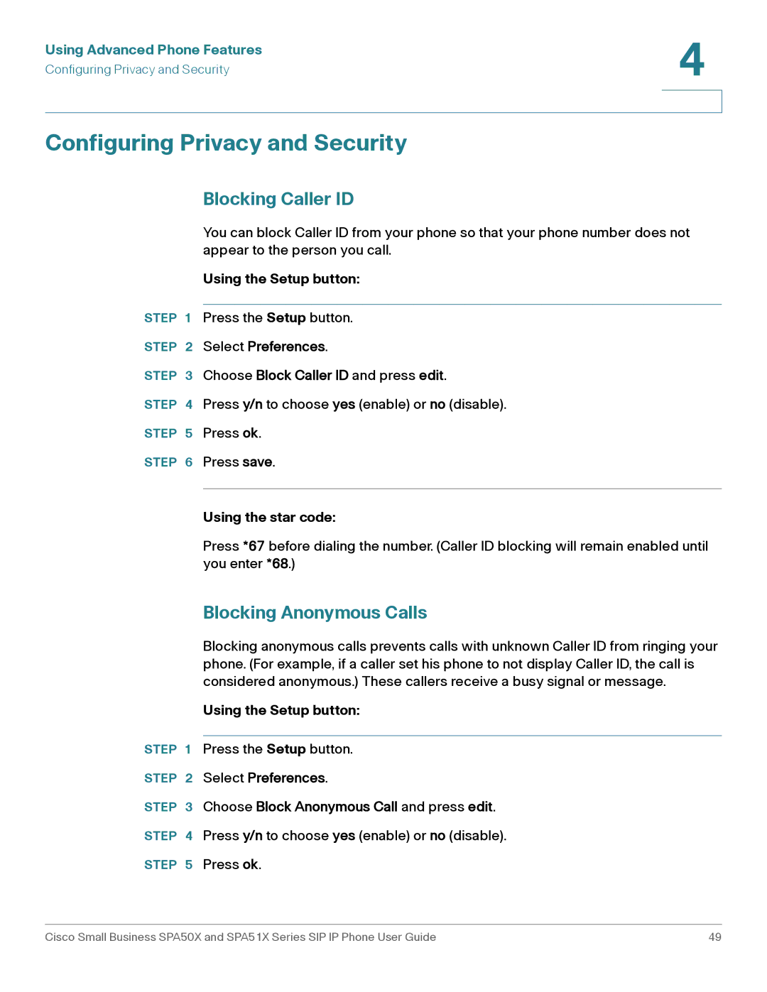 Cisco Systems SPA514G, SPA512G, SPA504G manual Configuring Privacy and Security, Blocking Caller ID, Blocking Anonymous Calls 