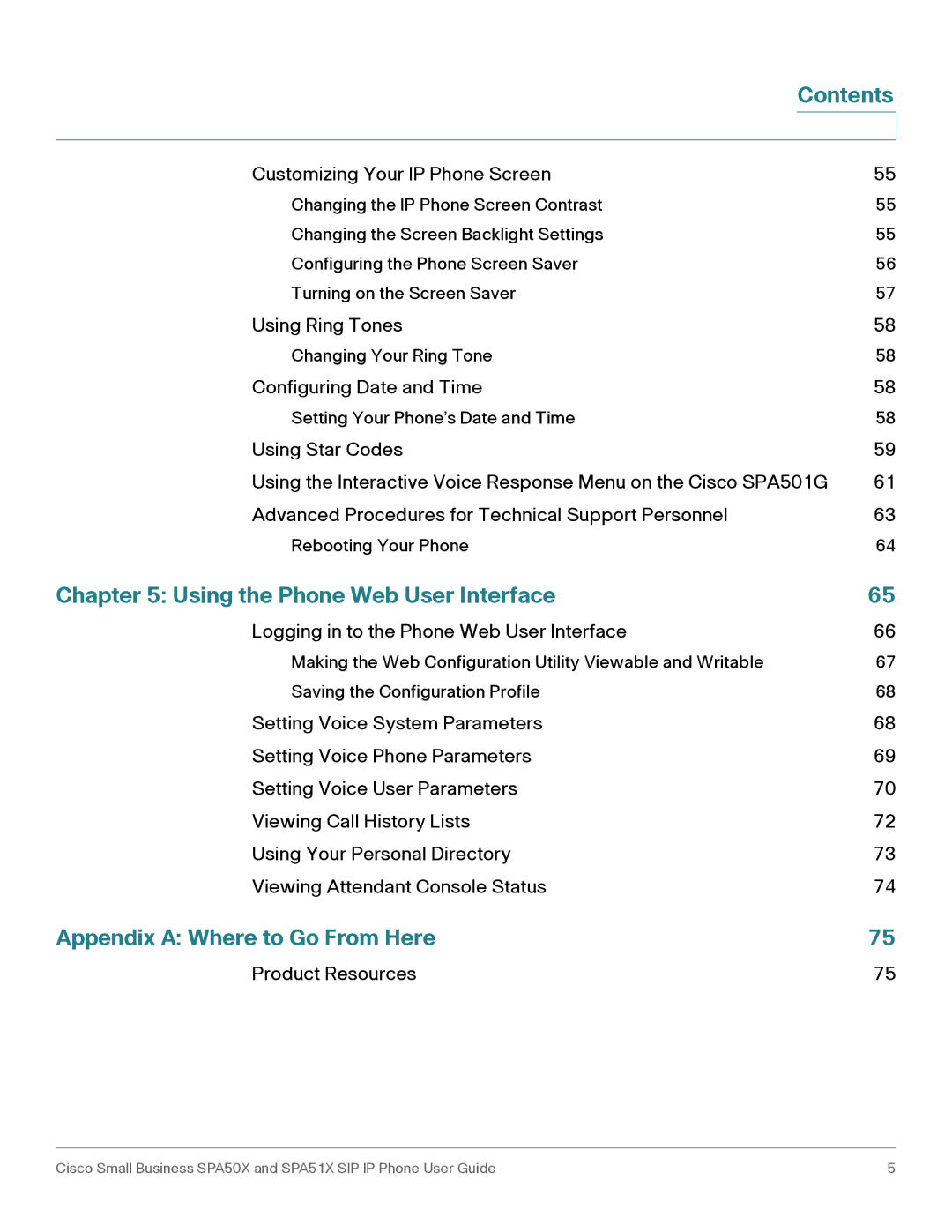 Cisco Systems SPA501G, SPA514G, SPA512G, SPA504G manual Using the Phone Web User Interface, Appendix a Where to Go From Here 