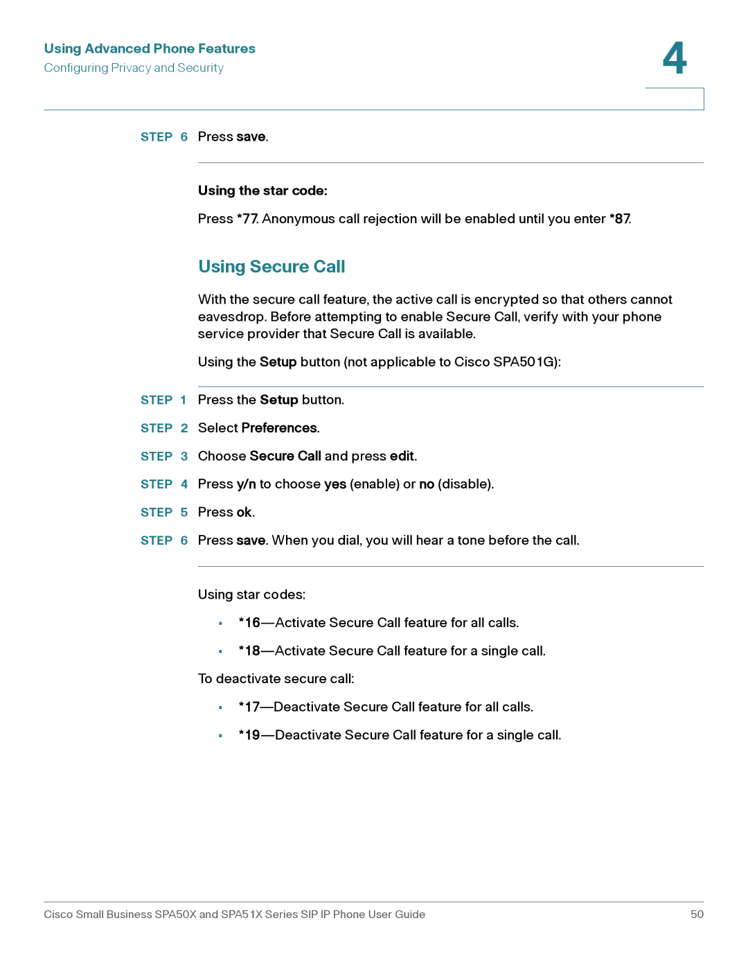 Cisco Systems SPA512G, SPA514G, SPA504G, SPA509G, SPA502G, SPA501G, SPA508G manual Using Secure Call 