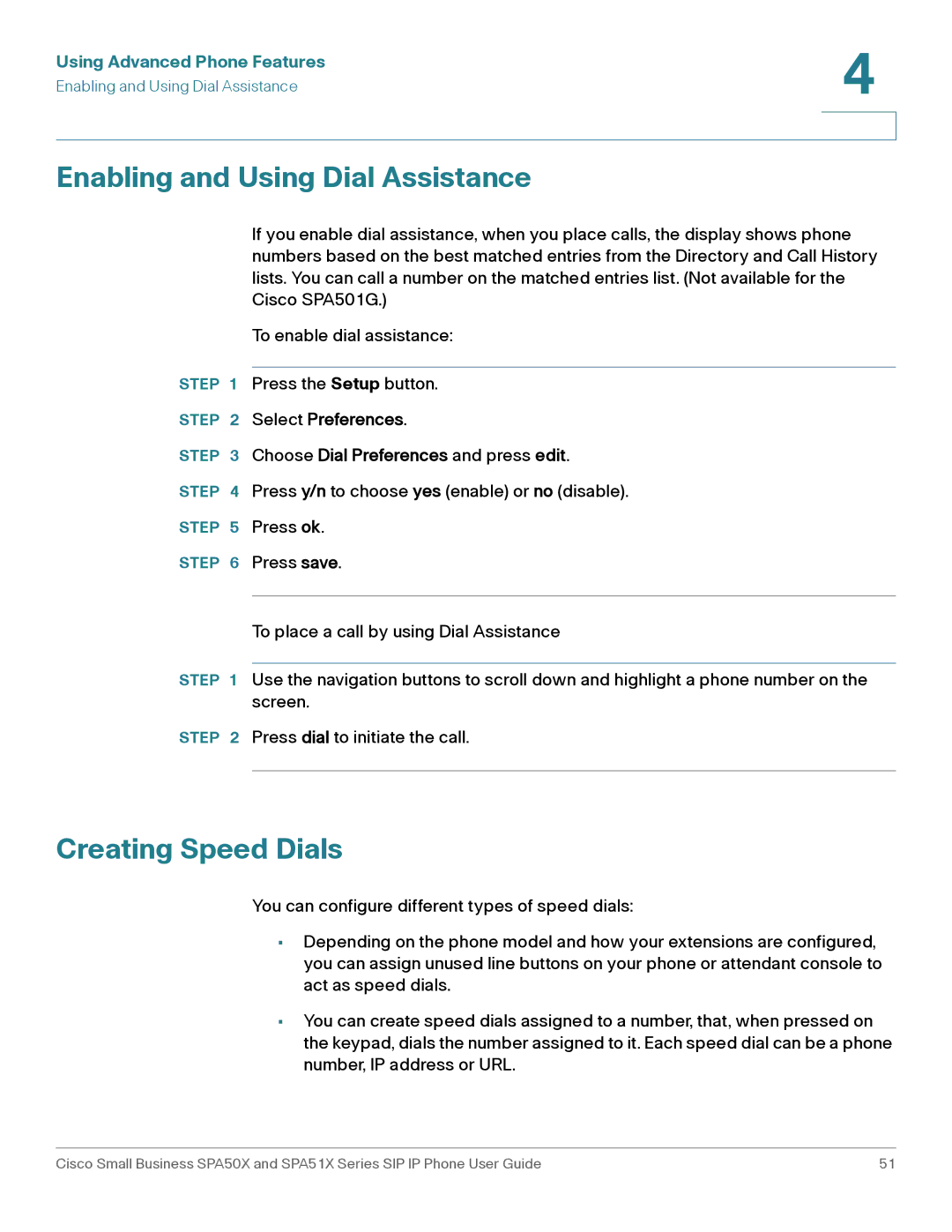 Cisco Systems SPA504G, SPA514G, SPA512G, SPA509G, SPA502G, SPA501G Enabling and Using Dial Assistance, Creating Speed Dials 