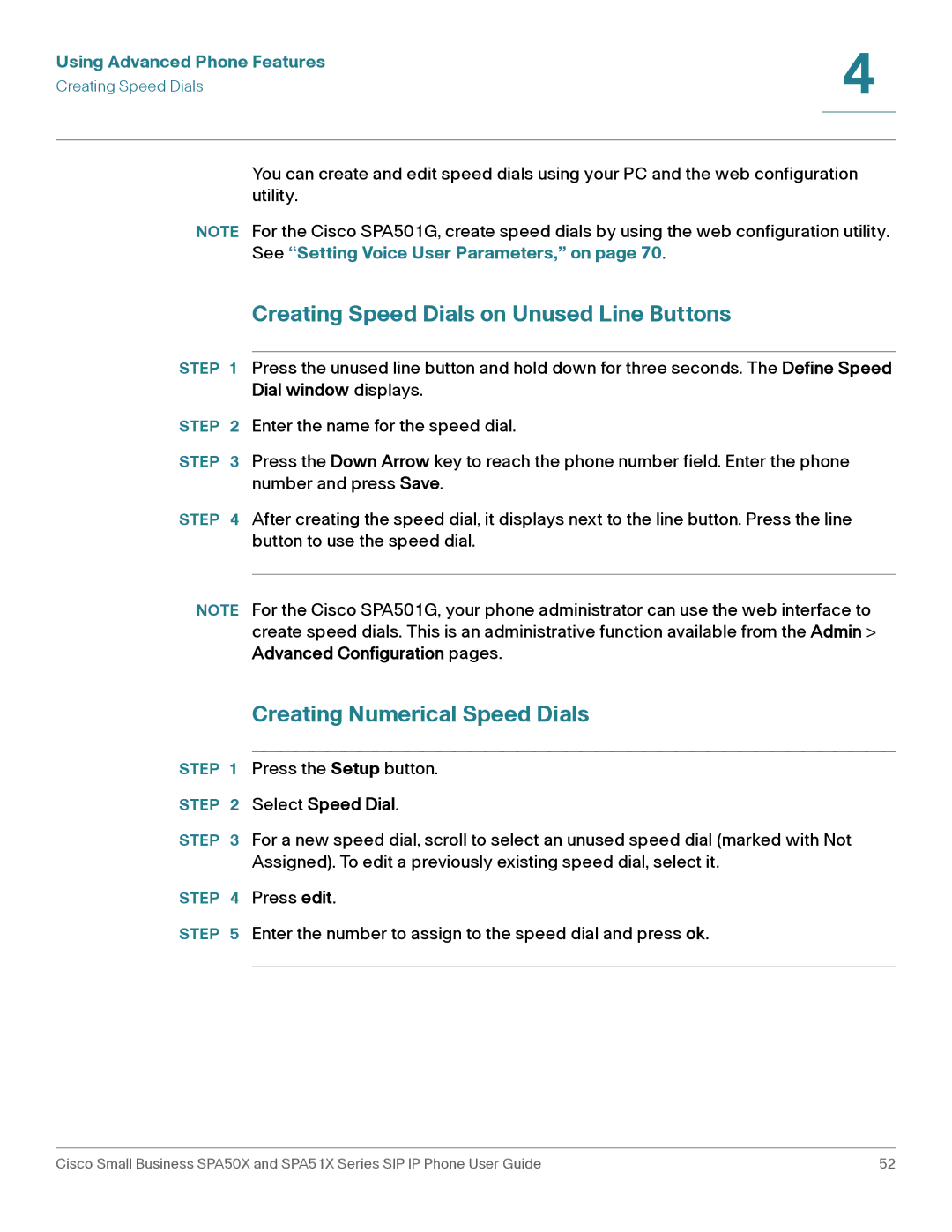 Cisco Systems SPA509G manual Creating Speed Dials on Unused Line Buttons, Creating Numerical Speed Dials, Select Speed Dial 