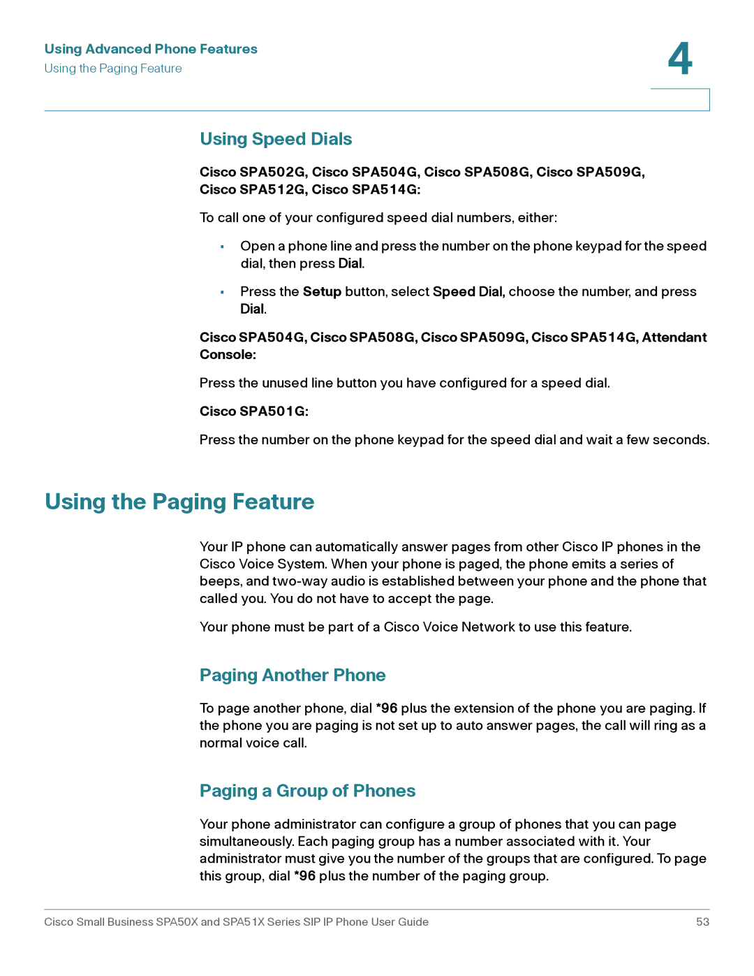 Cisco Systems SPA502G, SPA514G Using the Paging Feature, Using Speed Dials, Paging Another Phone, Paging a Group of Phones 