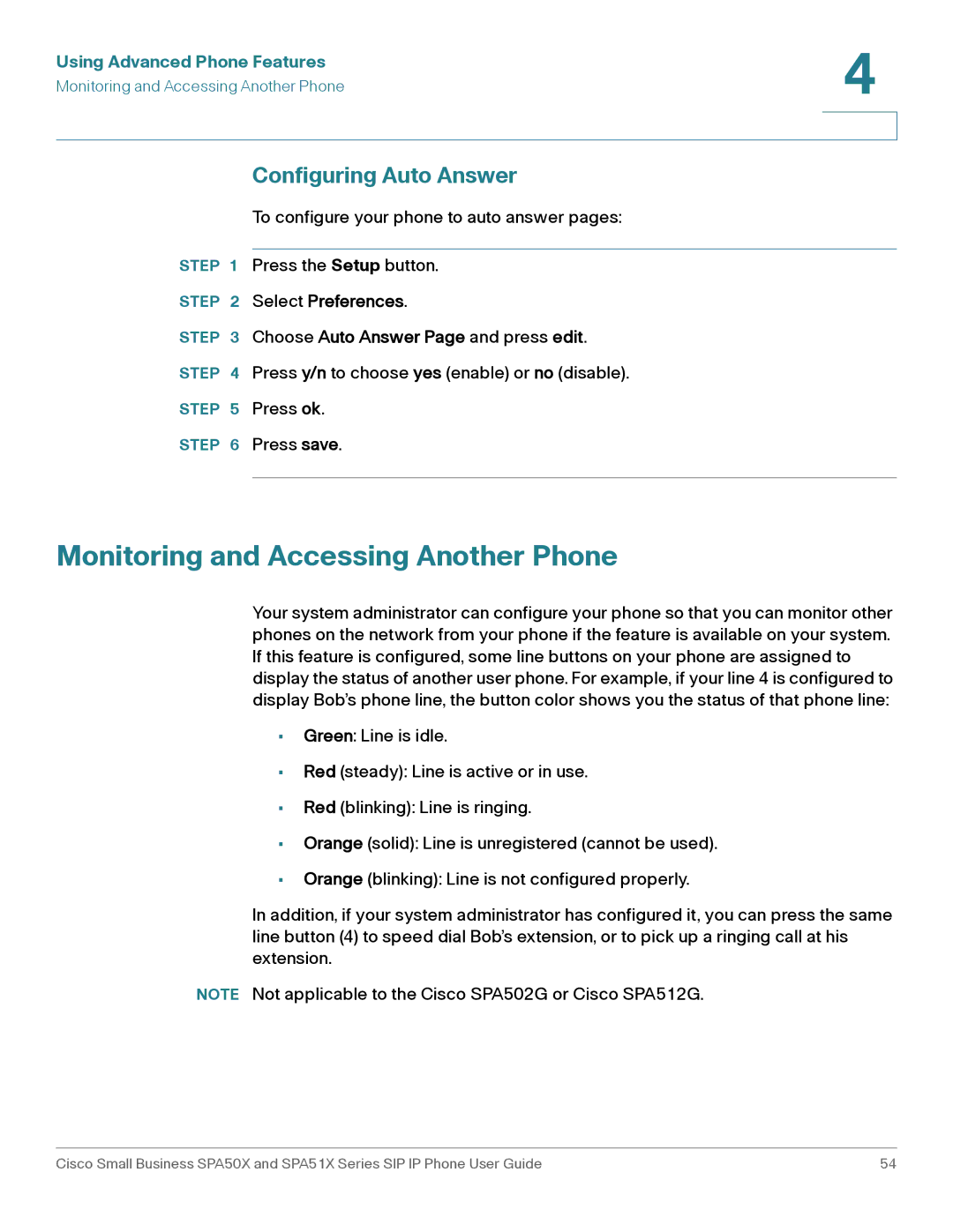 Cisco Systems SPA501G, SPA514G, SPA512G, SPA504G, SPA509G Monitoring and Accessing Another Phone, Configuring Auto Answer 