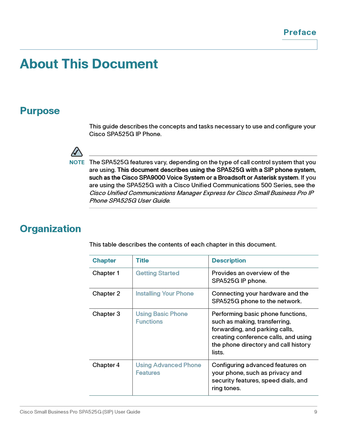 Cisco Systems SPA525G manual Purpose, Organization, Preface 